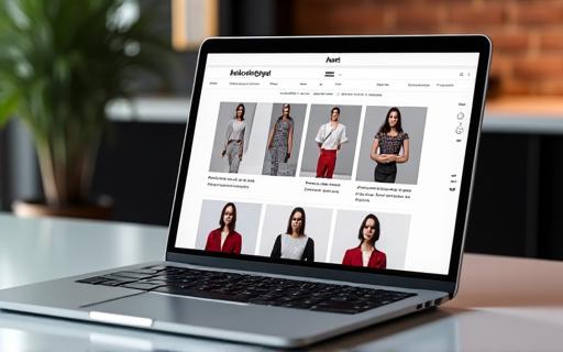 Schermo di un laptop che mostra un'interfaccia di e-commerce di lusso, con prodotti di moda ben organizzati.