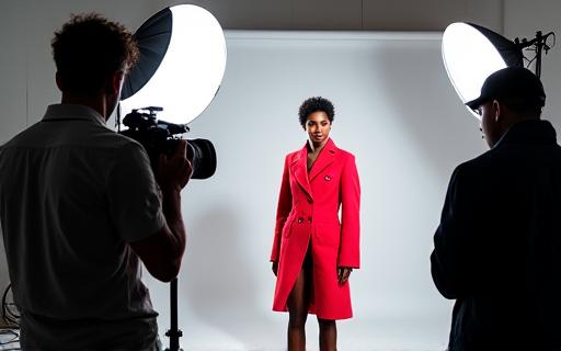 Dietro le quinte di un servizio fotografico di moda professionale in studio, con luci e modelli.