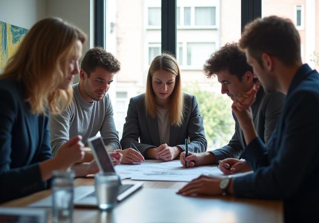 Il team di Zenith Tessile in una riunione creativa nel loro ufficio di Milano, lavorando su nuove strategie.